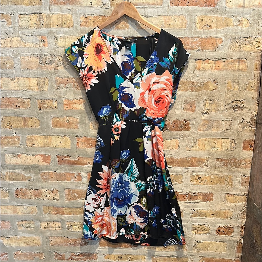 H&M Silky Floral V-neck Black Dress